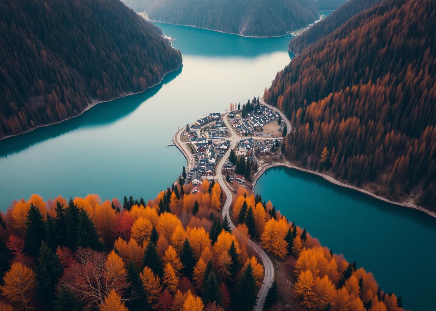 Aerial of village and lake — autumn shoot