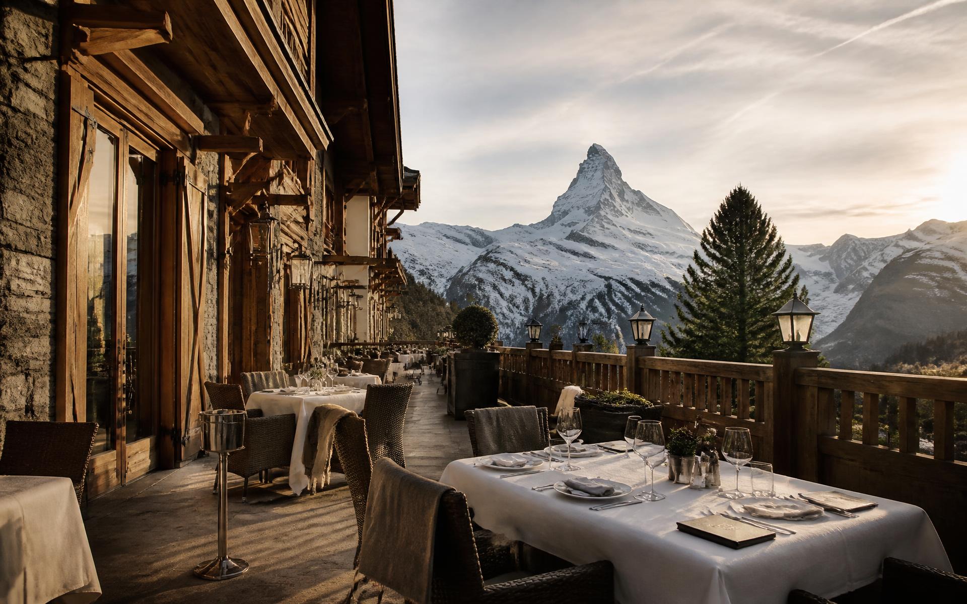 Terrace at golden hour — mountain hotel, Valais