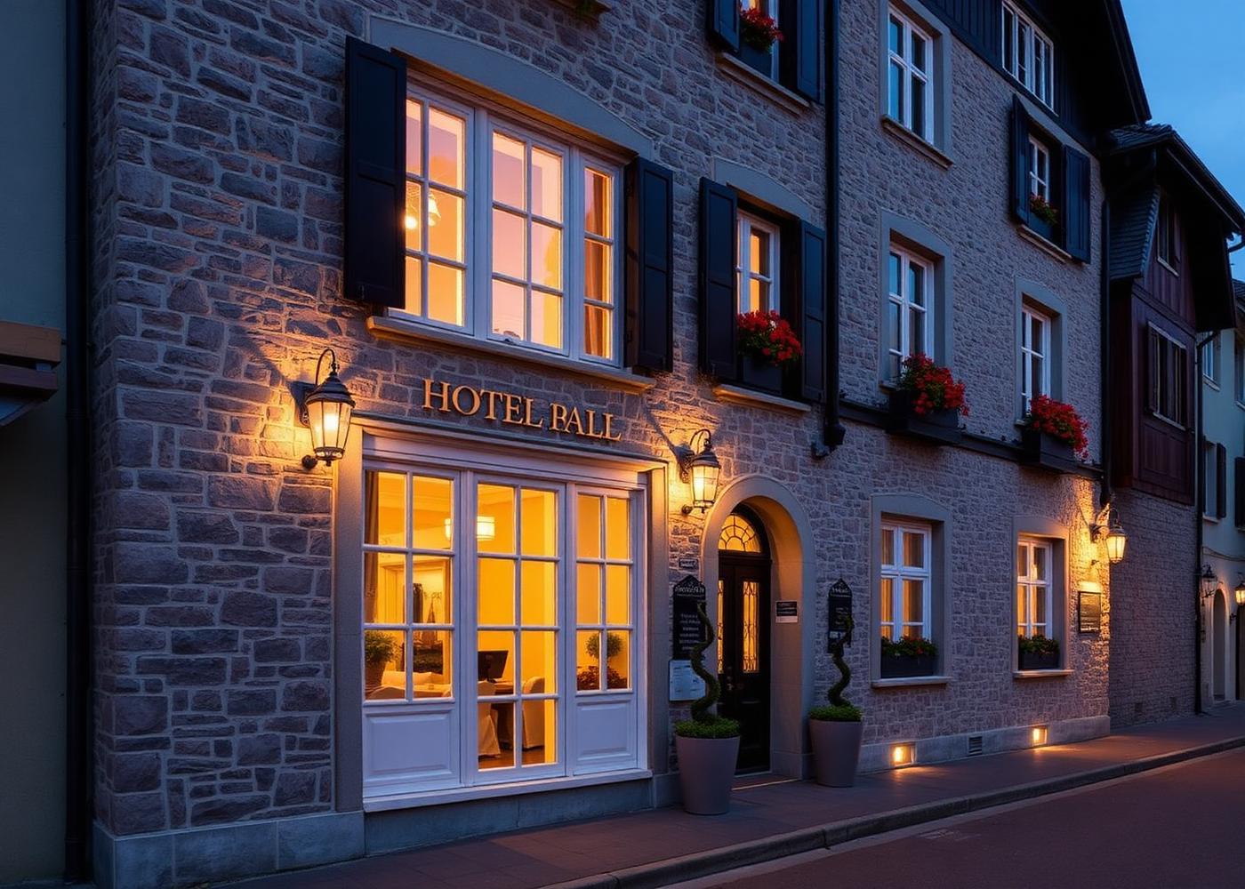 Facade at dusk — lakeside boutique hotel